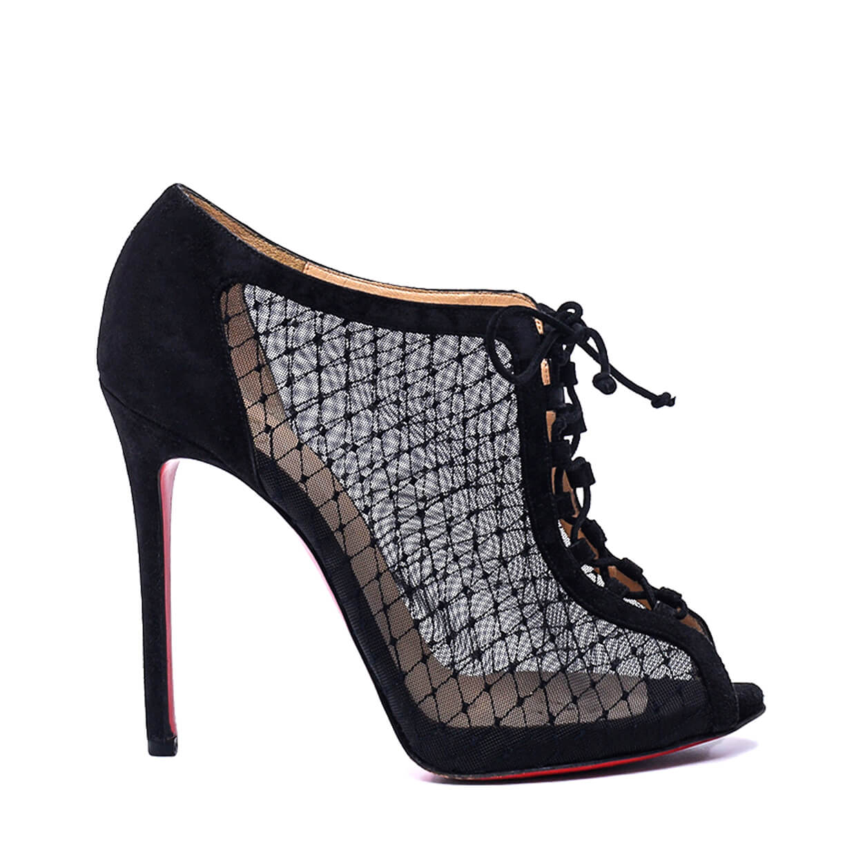 Christian Louboutin -Black Mesh and Suede Lace up Peep Toe Booties 40